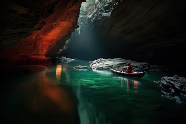 A man in a canoe in a cave with a red light shining on the water.