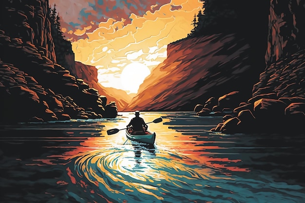 A man in a canoe is paddling through a canyon at sunset.