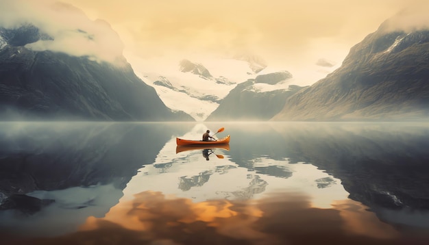 A man in a canoe is rowing in a lake with mountains in the background.