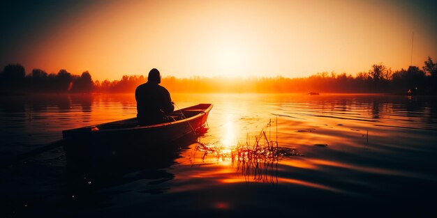 カヌーに乗った男性のシルエットが夕日を背景に描かれています。