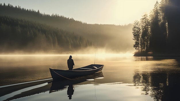 Человек в каноэ на озере с солнцем, сияющим на воде.