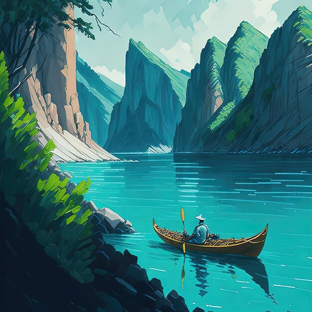 A man in a canoe on the water near a mountain