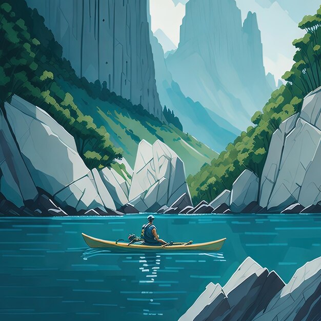 A man in a canoe on the water near some rocks