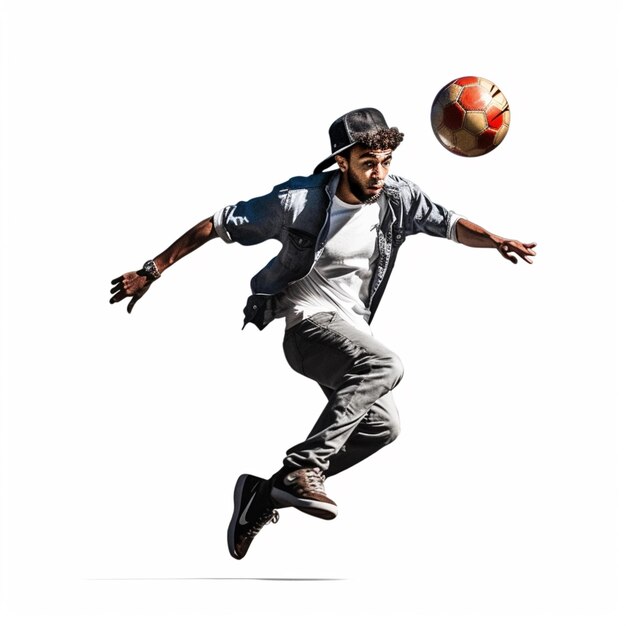 A man in a cap and gray jacket is kicking a soccer ball.