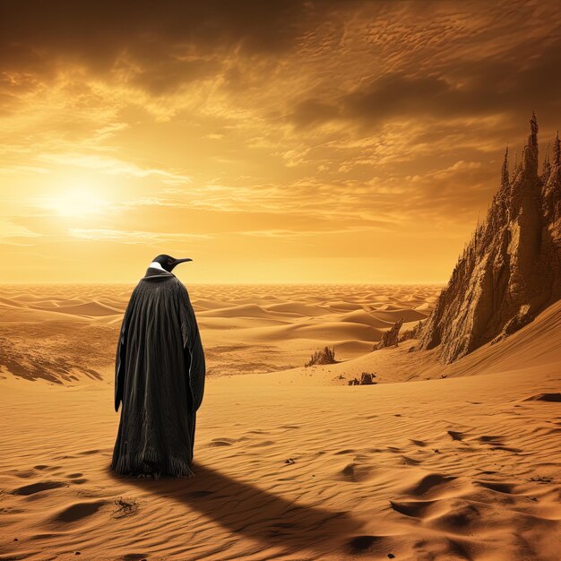 Человек в плаще стоит в пустыне с горой на заднем плане