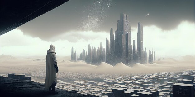 Photo a man in a cape stands in front of a cityscape