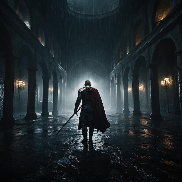 a man in a cape walks down a wet street in a dark room