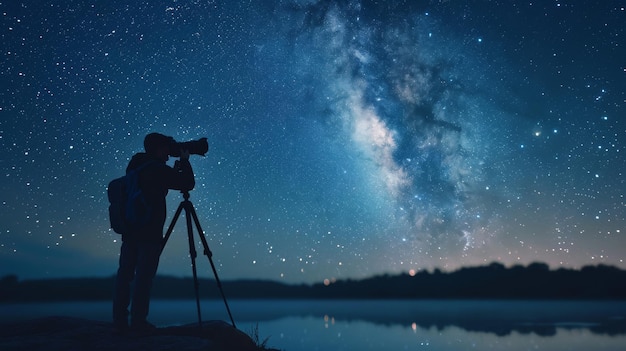 Foto un uomo cattura il cielo notturno con un telescopio giornata mondiale della fotografia