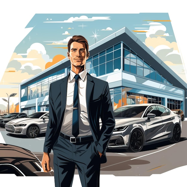 man car dealership illustration