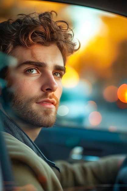 A man in a car looking at the camera