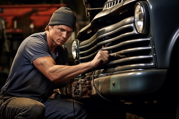 Photo a man in a car service inspects a car