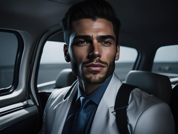 A man in a car wearing a white jacket and blue shirt sits in a car.