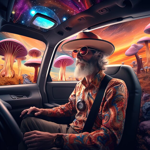 a man in a car with a beard wearing a hat and sunglasses