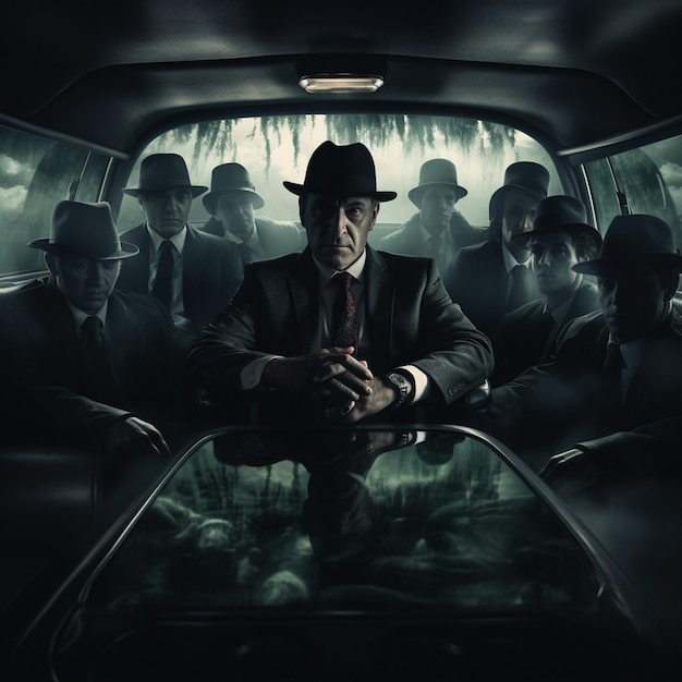 Photo a man in a car with a man in a black hat in the back.