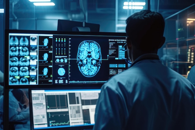 A man carefully examines a computer screen displaying MRI images Hospital staff training with a medical AI system AI Generated