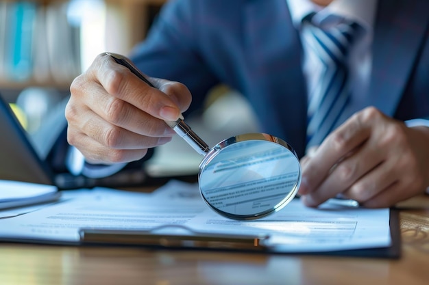 a man carefully examines a document with a magnifying glass focusing on details for analysis a cybersecurity auditor reviewing compliance with industry standards