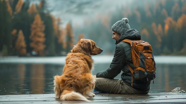 Photo man caressing a dog on a lakeshore during the summer generative ai