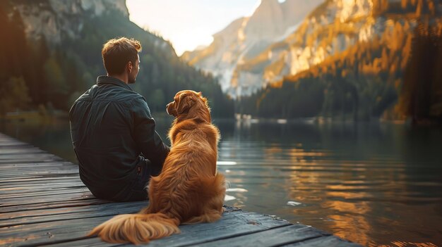Мужчина ласкает собаку на берегу озера летом