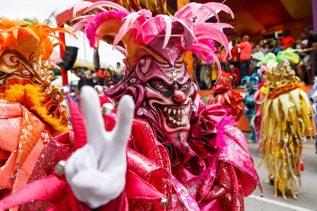 A man in a carnival costume and mask