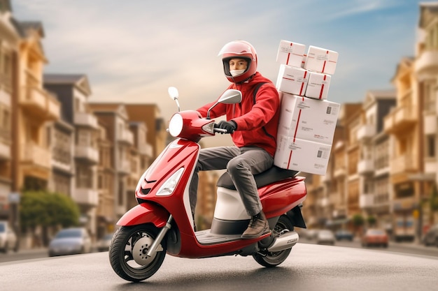 Man carriers on delivery services ride electric scooters and parcel box follow routes map