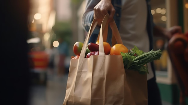 A man carries a bag of fresh produce from the market.