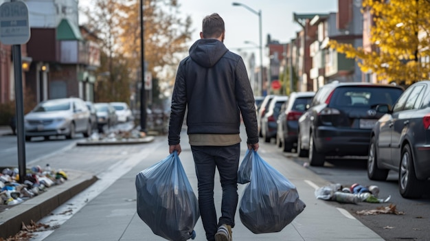 Man carries a bag of garbage out