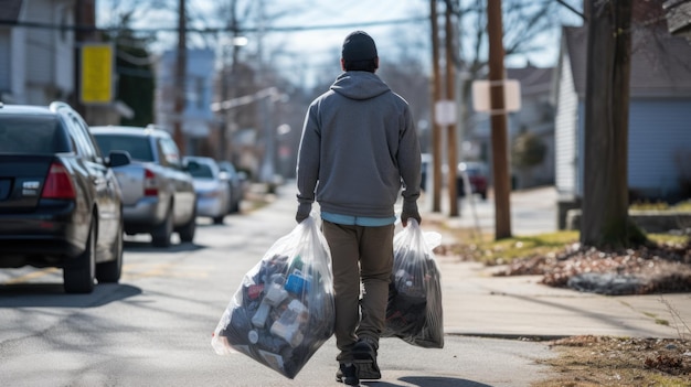 Man carries a bag of garbage out