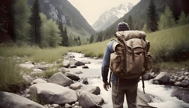 man carries touristic rucksack has camping expedition stands near mountain stream breathes fresh air