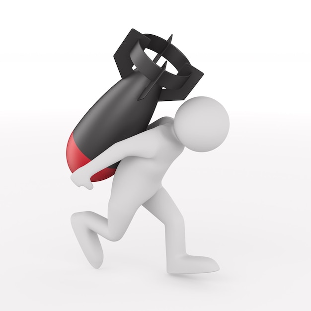 Man carry aerial bomb on white background isolated 3d\
illustration