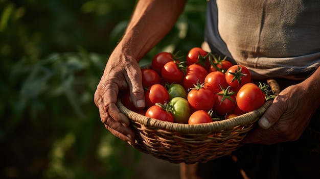 Foto un uomo che porta un cesto pieno di pomodori freschi