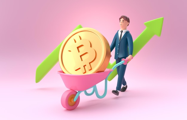 手押し車の 3 D イラストレーションで Bitcoin を運ぶ男