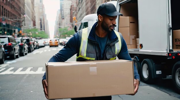 Man Carrying a Box Down City Street