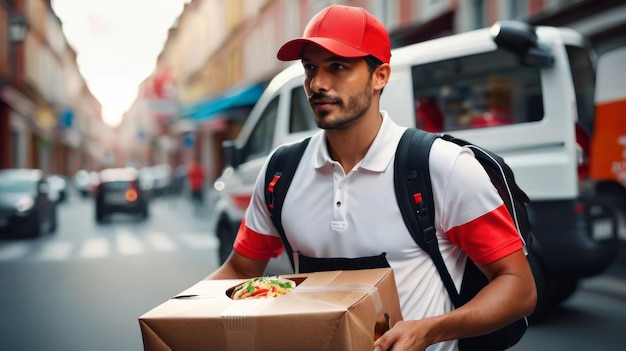 Мужчина, несущий коробку с едой на городской улице