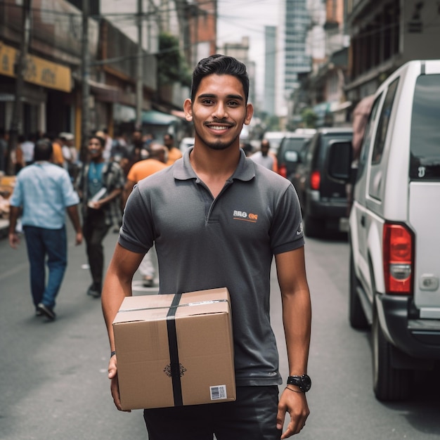 a man carrying a box on his shoulder in the street