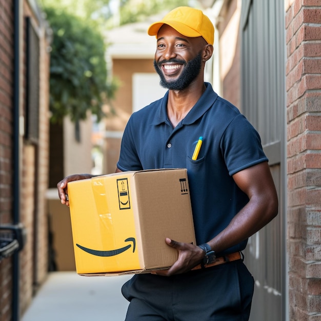 a man carrying a box that says quot the brand quot on it