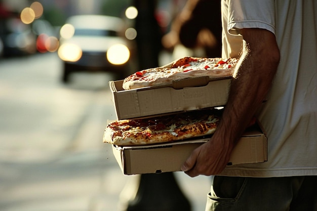 Photo man carrying boxes of pizza