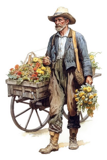 A man carrying a cart of flowers with a sign that says'flower seller '