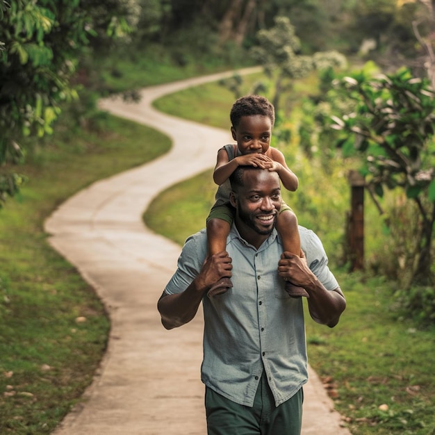 Photo a man carrying a child on his shoulders is walking down a path