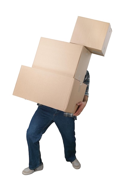 Photo man carrying pile of falling boxes