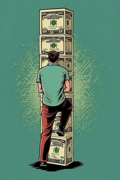 Foto un uomo che porta una colonna con banconote di un dollaro appese sulla schiena elementi comici fumetti vettoriali arte grafica comica concept art tensione tema colore pop art