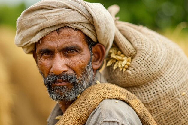 Photo a man carrying a sack of wheat