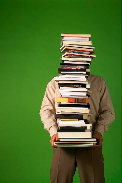 man carrying a stack of books isolated on green background, stacked books, space for text