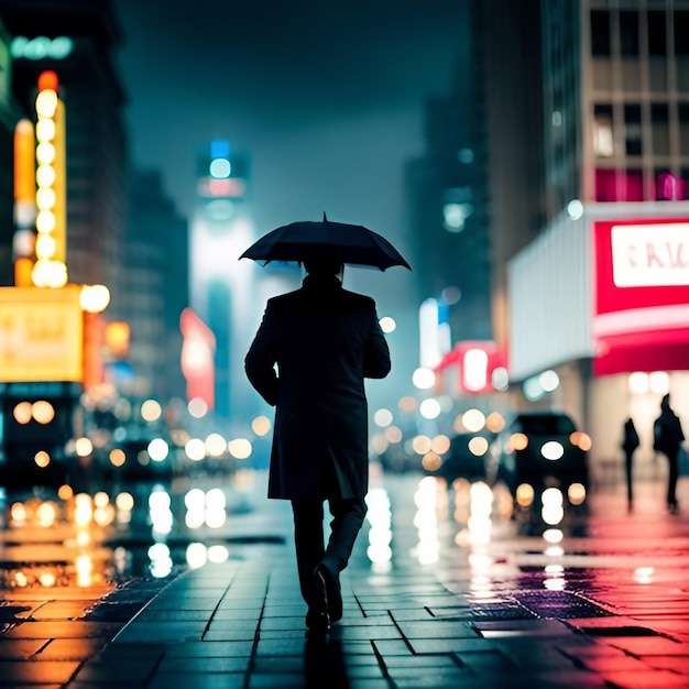 Человек с зонтиком на улице, созданный с помощью генеративной технологии искусственного интеллекта.