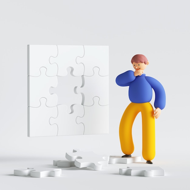 Man cartoon character thinking looking at puzzle pieces trying resolve the problem