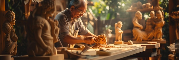 A man carves a wooden statue Generative AI