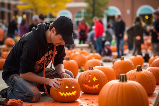 Man carving Halloween pumpkins on street Generative AI