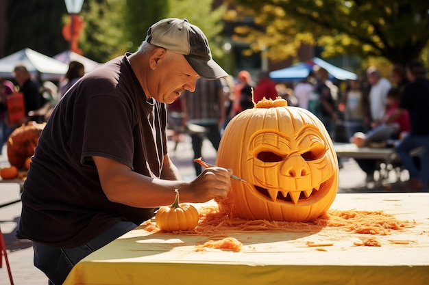 Man carving Halloween pumpkins on town contest Generative AI