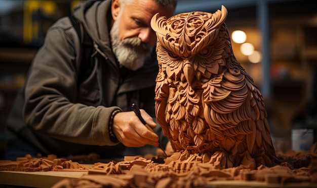 Photo man carving owl from wood