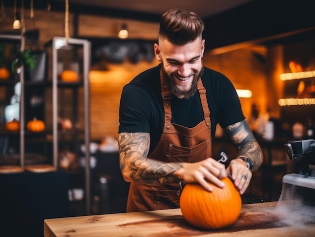 Man carving a sinister jack o lantern