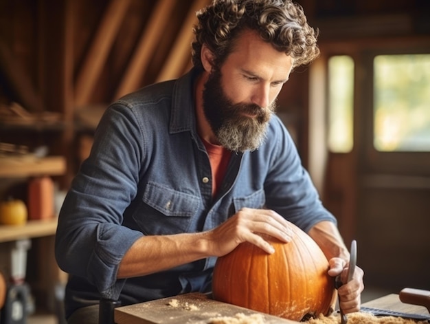 Photo man carving a sinister jack o lantern